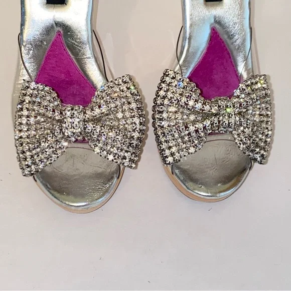 Vintage Betsey Johnson Polly Mules Rhinestone Bow Wood Heel Pin Up - Picture 4 of 14